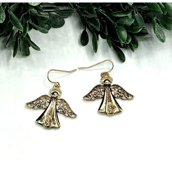 Vintage Gold Tone Angel Dangle Earrings Filigree Detailed - Picture 2 of 5